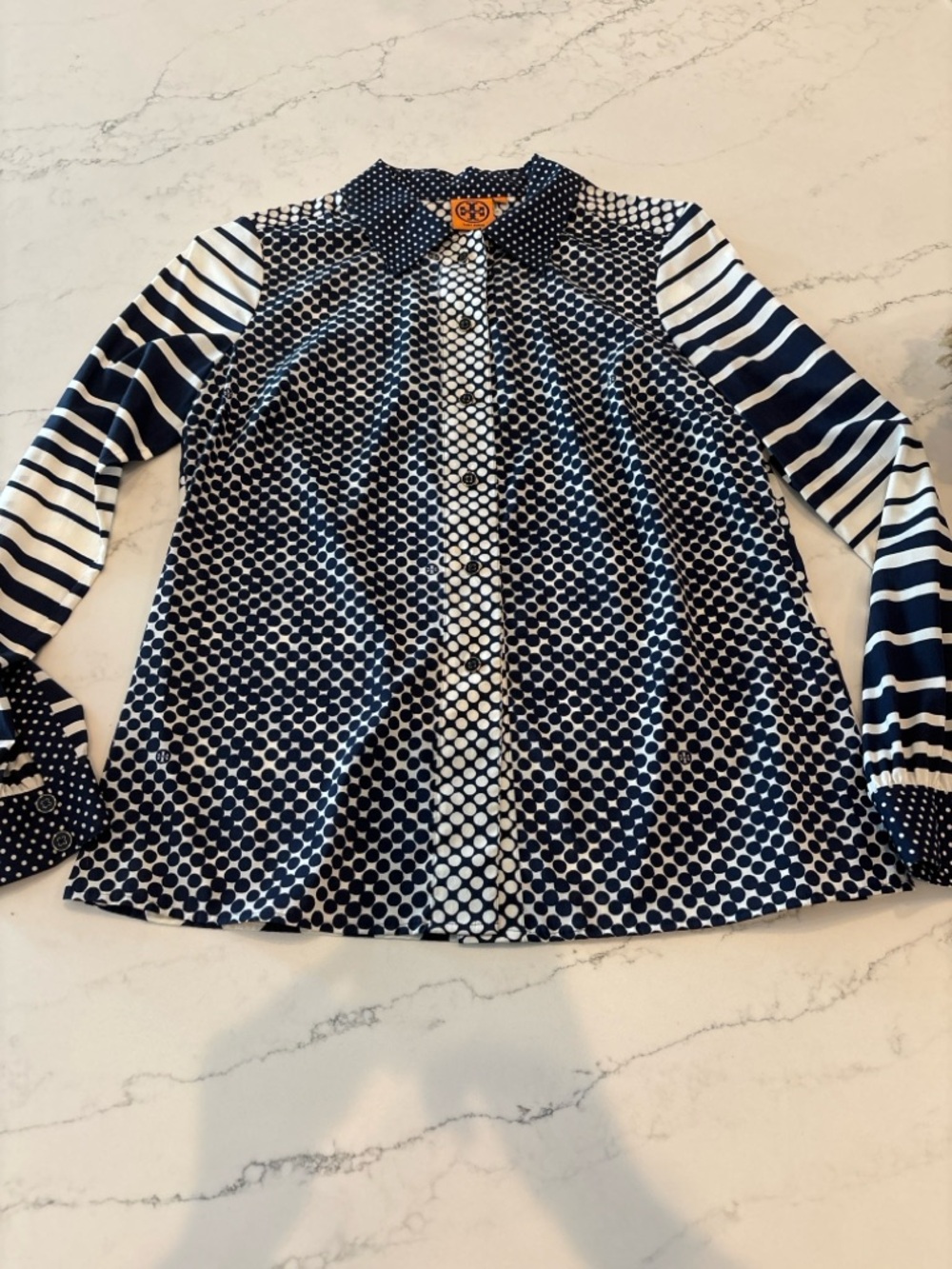 Tory Burch Navy and White Polka Dot Button-Up Blouse - Picture 2 of 8